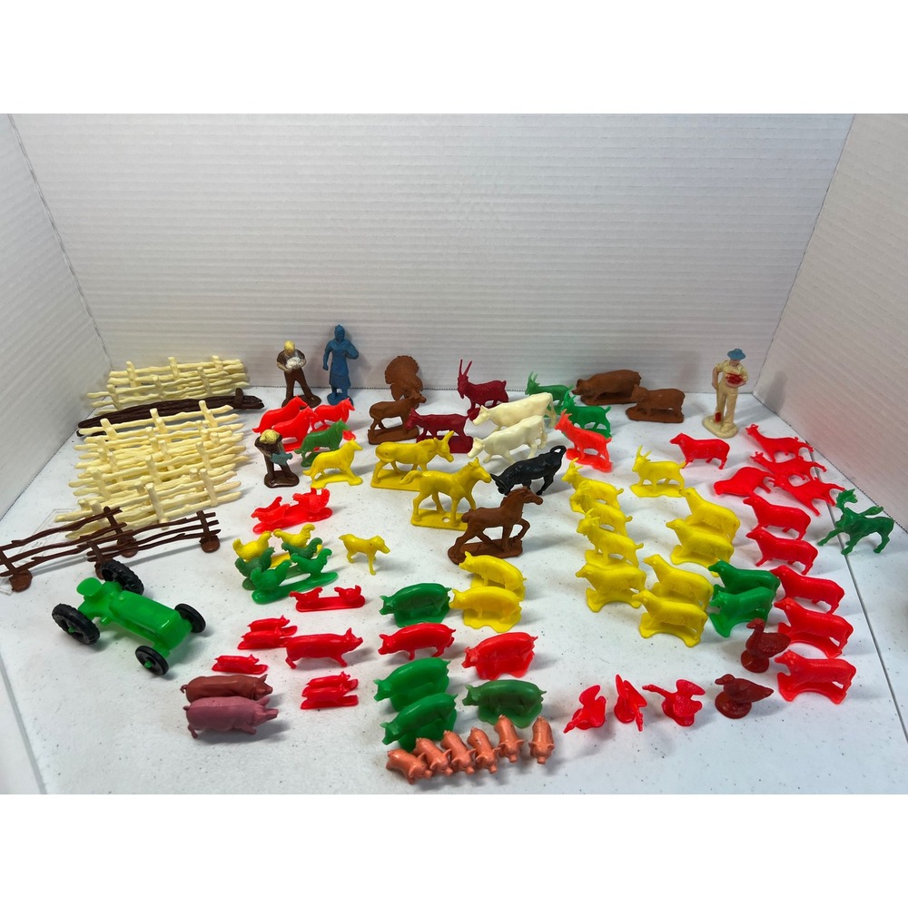 Vintage Plastic Farm Animals Figures Lot Fencing Tractor People Multi Color Toy